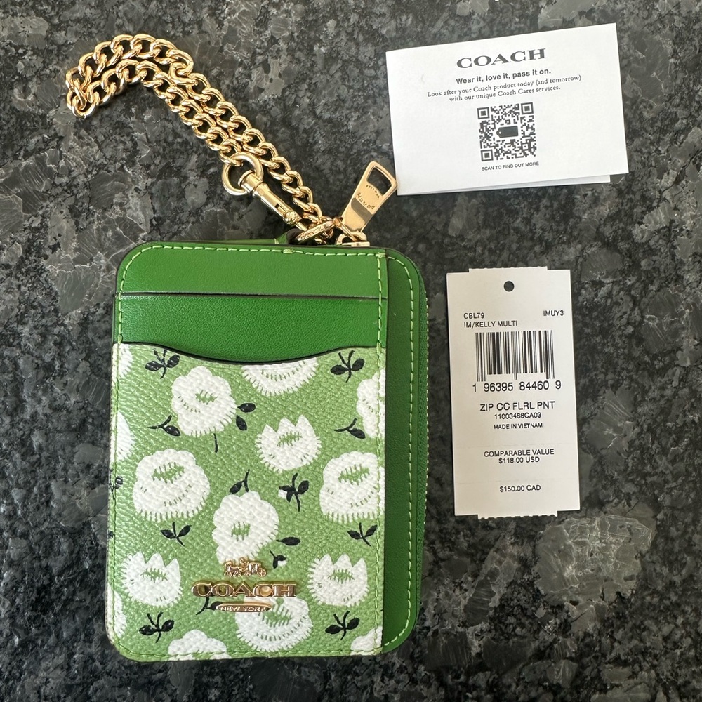 Coach Green Floral Card Holder New